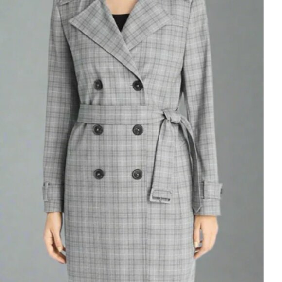 Elie Tahari Plaid Double Breasted Trench Coat Size Large Grey Preppy Classic - Picture 15 of 16